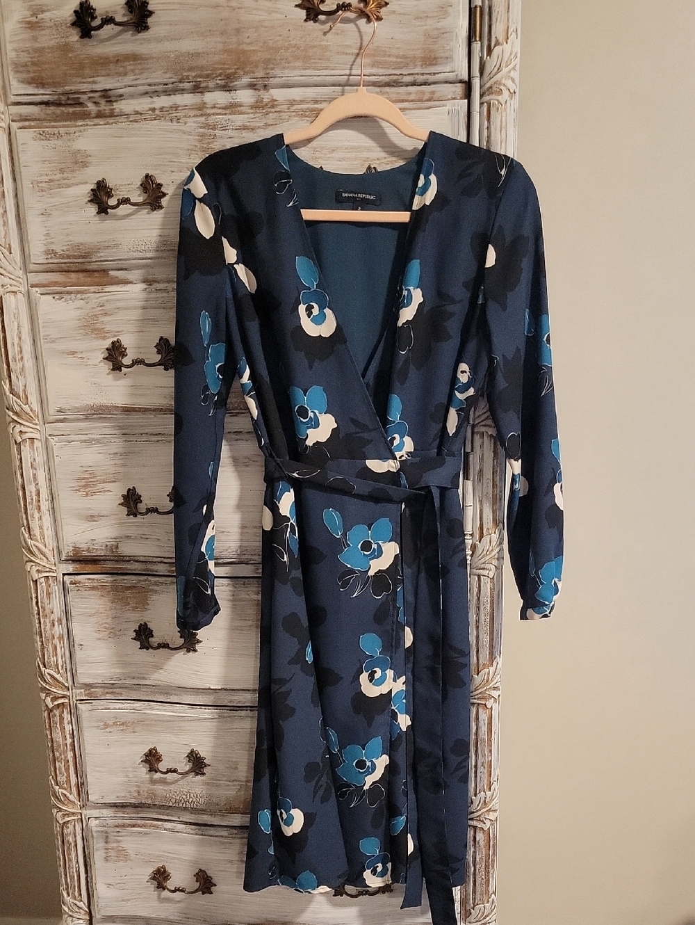 Banana Republic Printed Green, Teal, White Wrap Dress with Floral Pattern